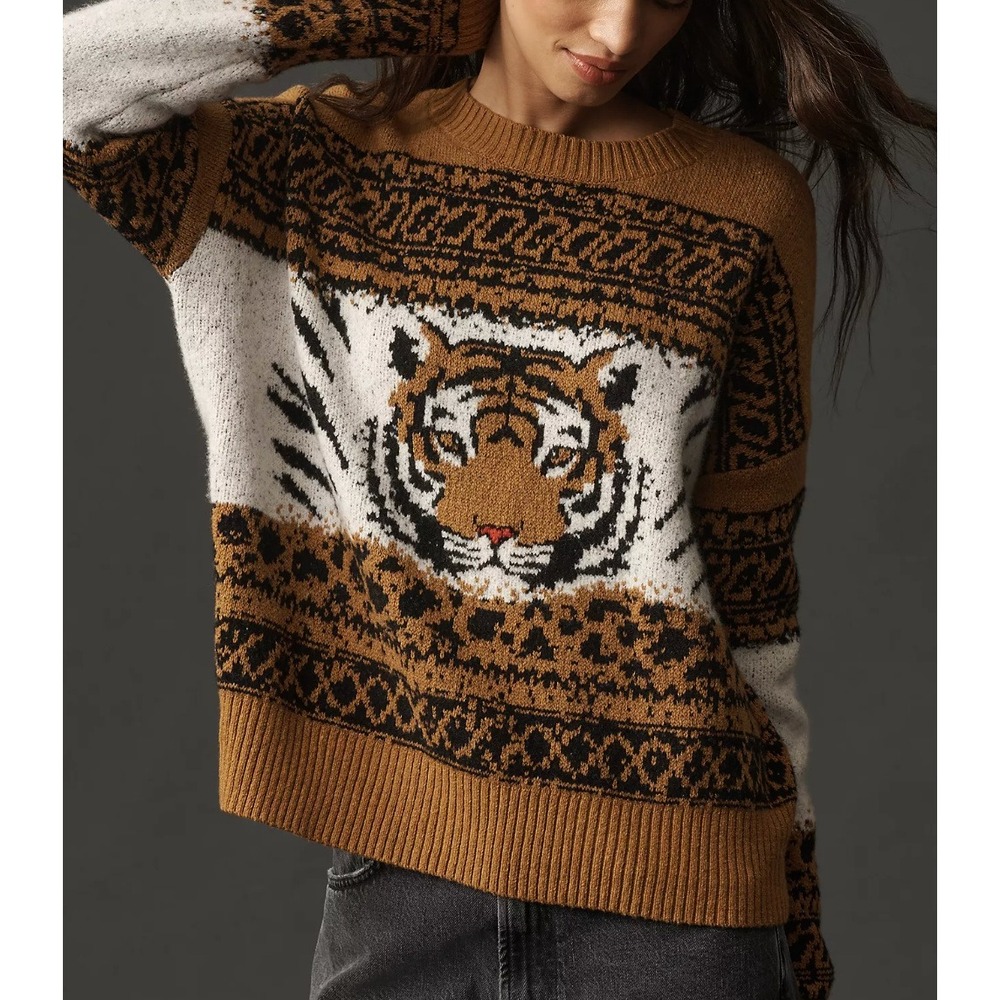 PILCRO x ANTHROPOLOGIE Tiger Icon Wool Blend Crewneck Sweater